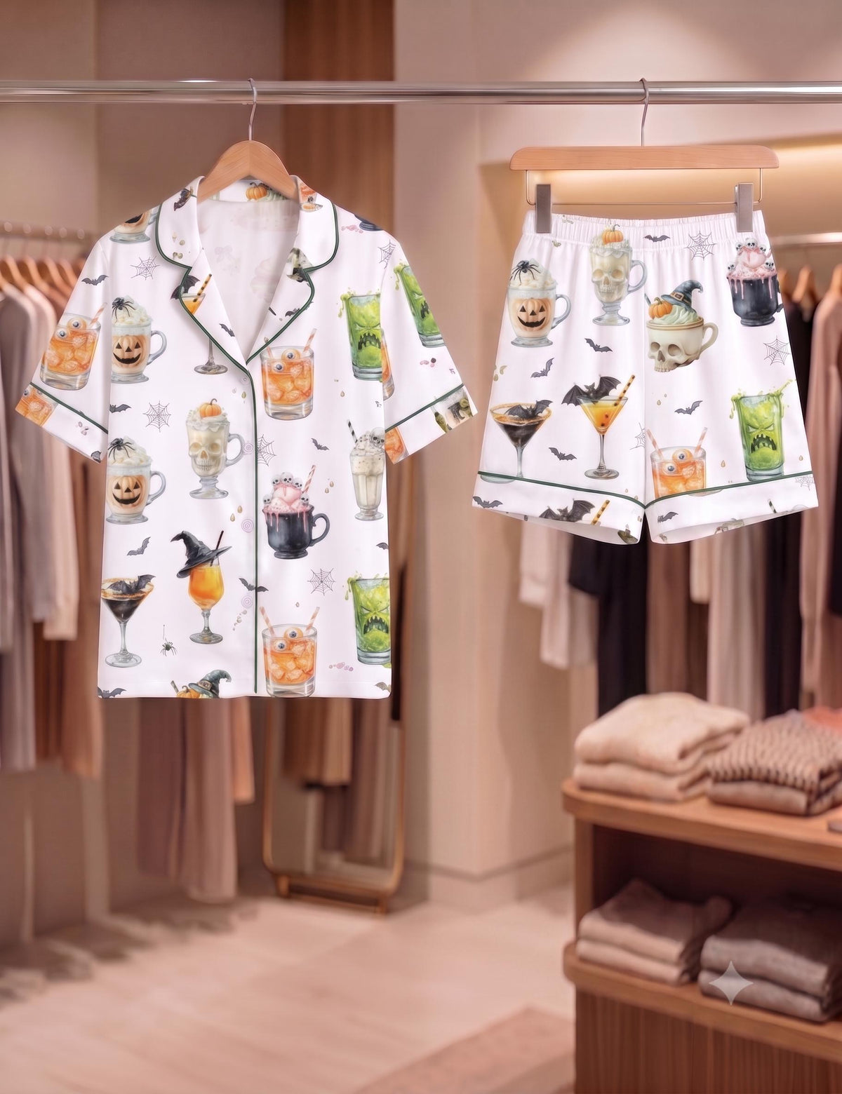 Halloween Cocktail Pajama Set, Spooky Ghost Bat Sleepwear, Silk Loungewear