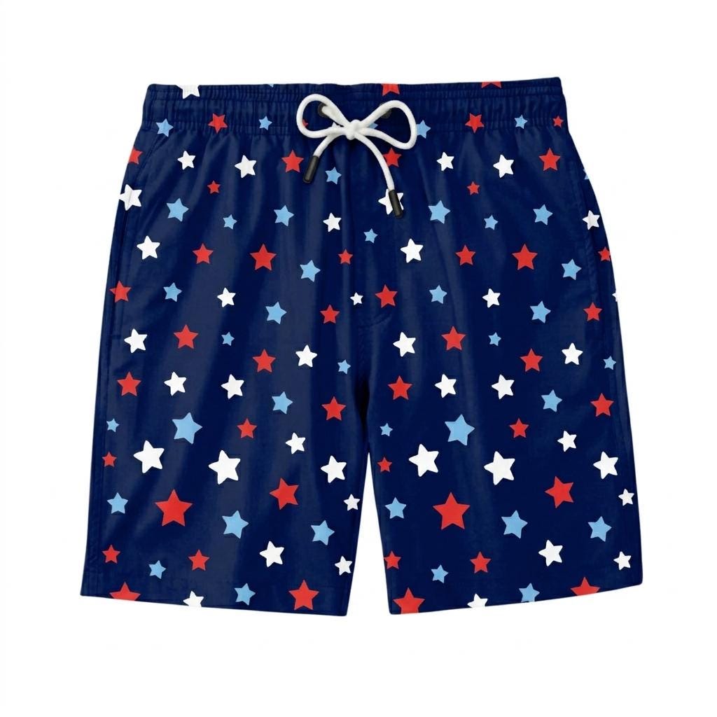Navy Blue Star Print Men's Hawaiian Swim Trunks, Patriotic Beach Board Shorts