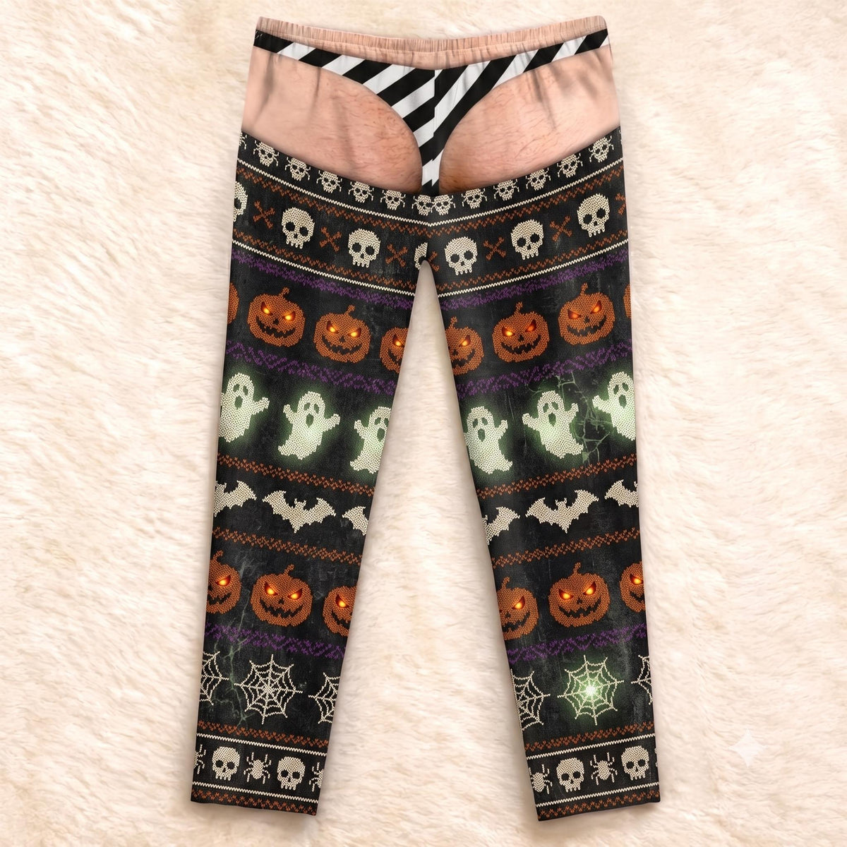 Funny Halloween Pants, Pumpkin Skull Thong Sweatpants, Adult Gag Gift