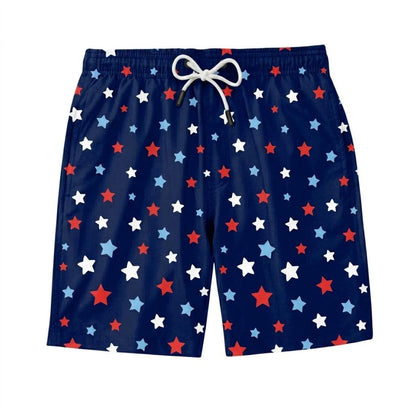 Navy Blue Star Print Men's Hawaiian Swim Trunks, Patriotic Beach Board Shorts