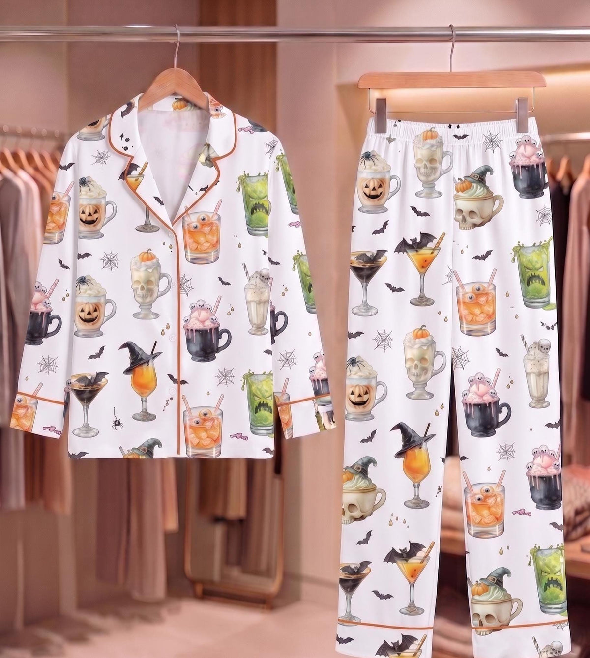 Halloween Cocktail Pajama Set, Spooky Ghost Bat Sleepwear, Silk Loungewear