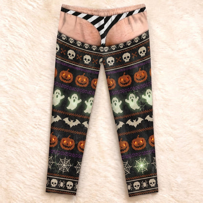 Funny Halloween Pants, Pumpkin Skull Thong Sweatpants, Adult Gag Gift