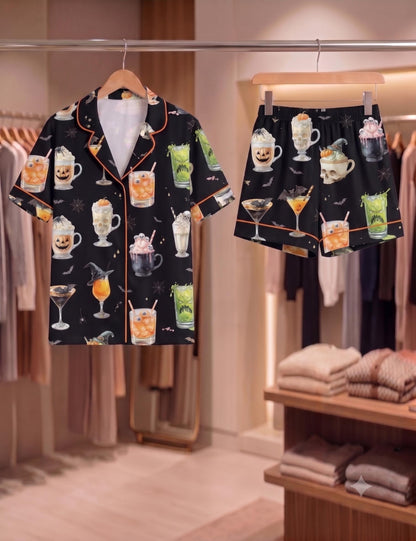 Halloween Cocktail Pajama Set, Spooky Ghost Bat Sleepwear, Silk Loungewear