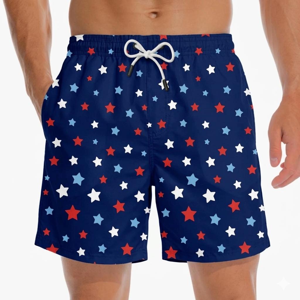 Navy Blue Star Print Men's Hawaiian Swim Trunks, Patriotic Beach Board Shorts