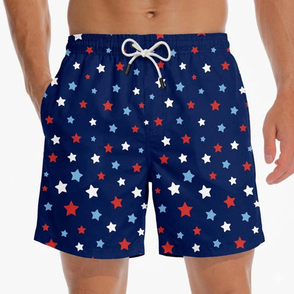 Navy Blue Star Print Men's Hawaiian Swim Trunks, Patriotic Beach Board Shorts