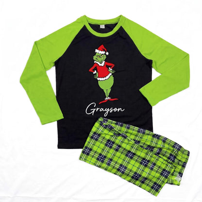 Custom Grinch Pajama Set, Personalized Name, Holiday Loungewear (Family Matching)