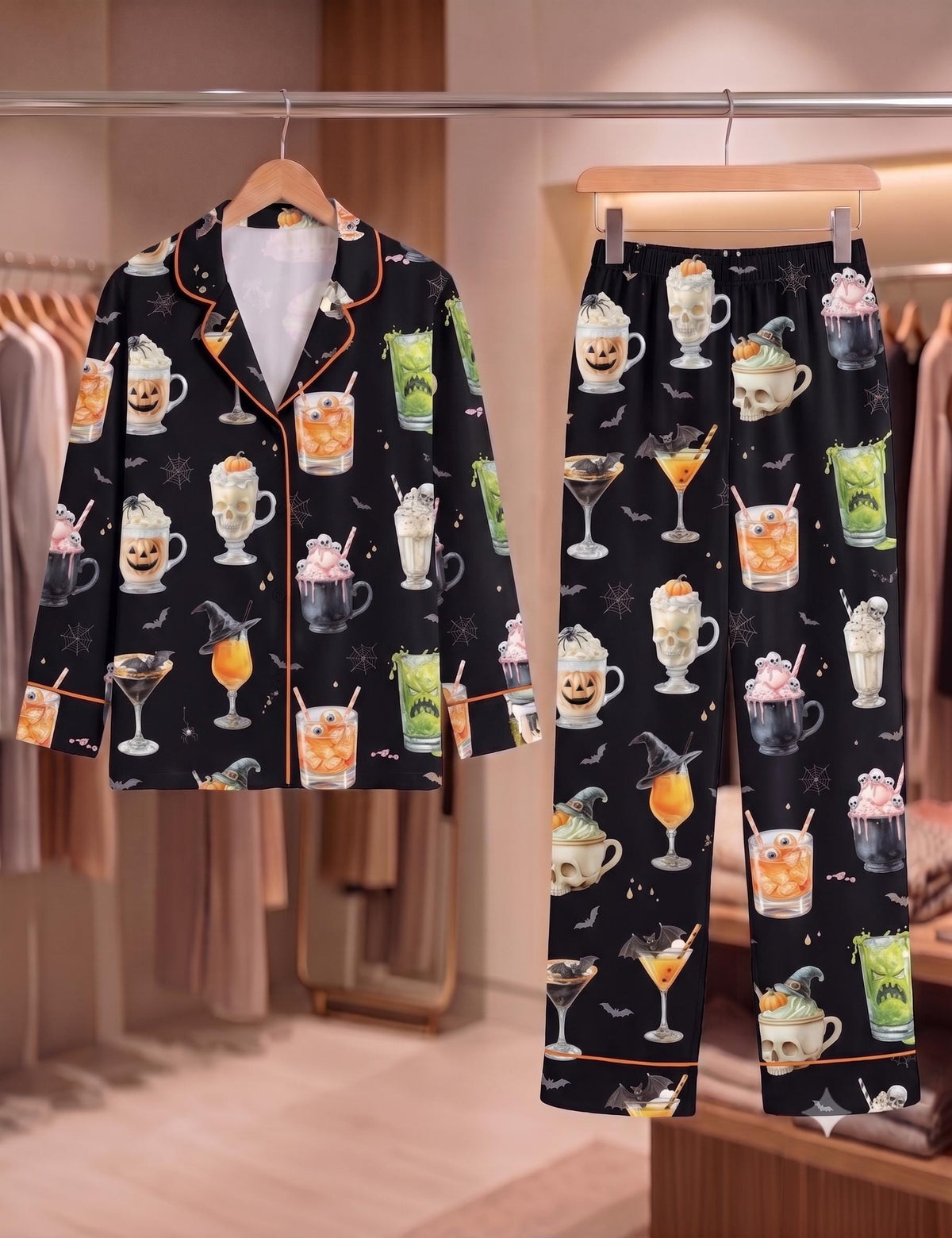 Halloween Cocktail Pajama Set, Spooky Ghost Bat Sleepwear, Silk Loungewear